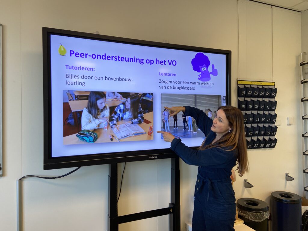 Trainer geeft uitleg over Peercoachproject voor vo-docenten bij digibord
